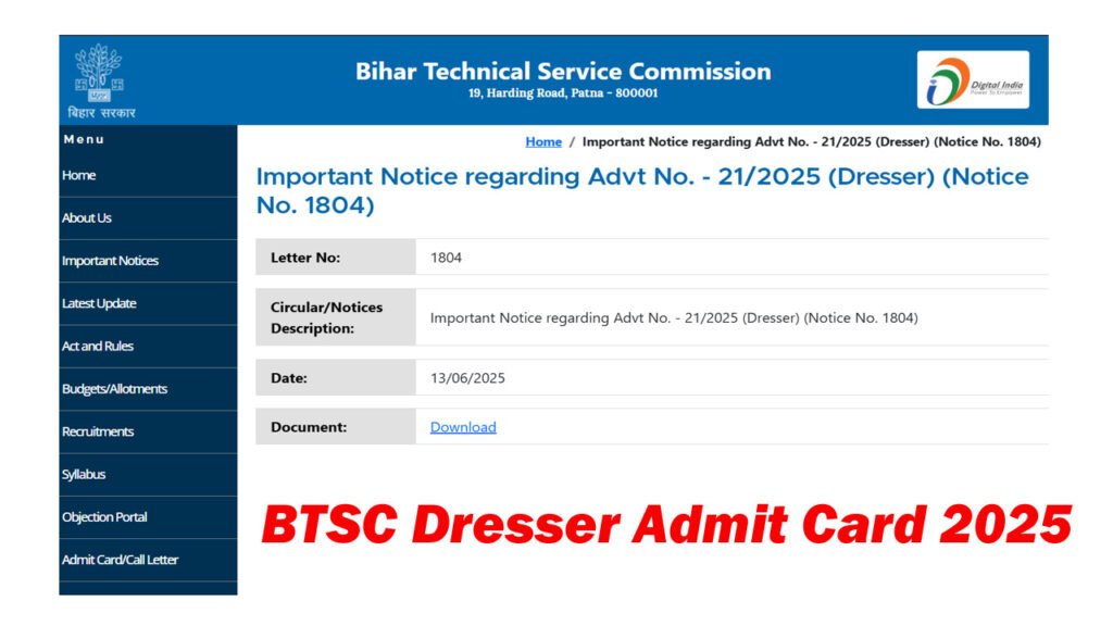 BTSC Dresser Admit Card 2025
