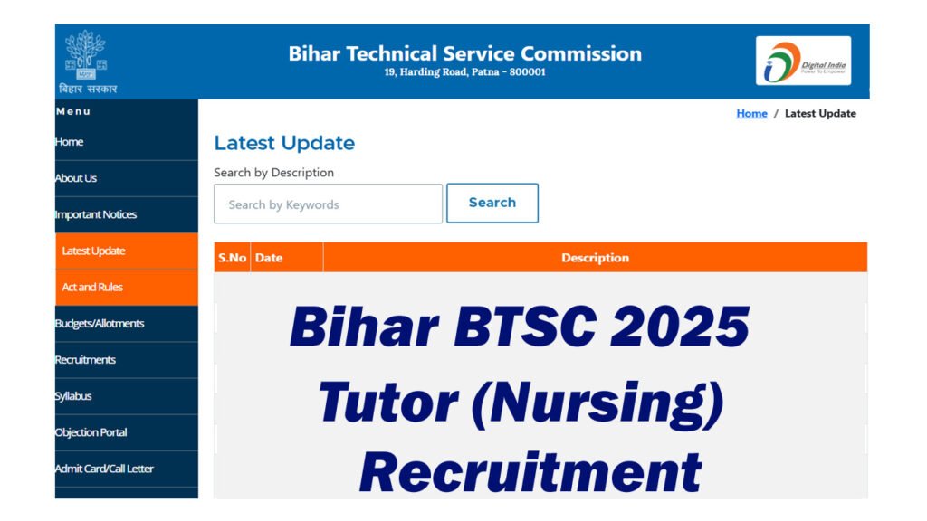 Bihar BTSC Nursing Tutor Recruitment 2025