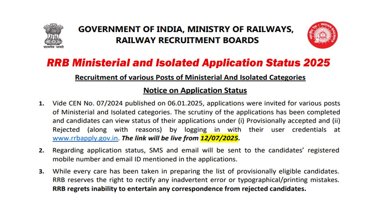RRB Ministerial and Isolated Application Status 2025