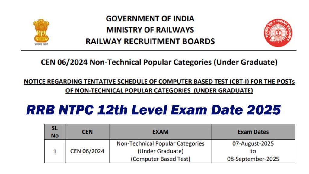 RRB NTPC 12th Level Exam Date 2025