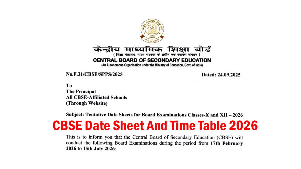 CBSE Date Sheet And Time Table 2026